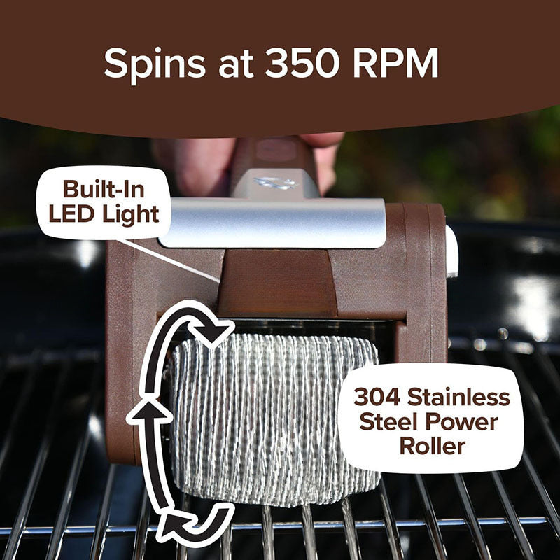 Rechargeable electric roller grill brush, stainless steel, replaceable heads