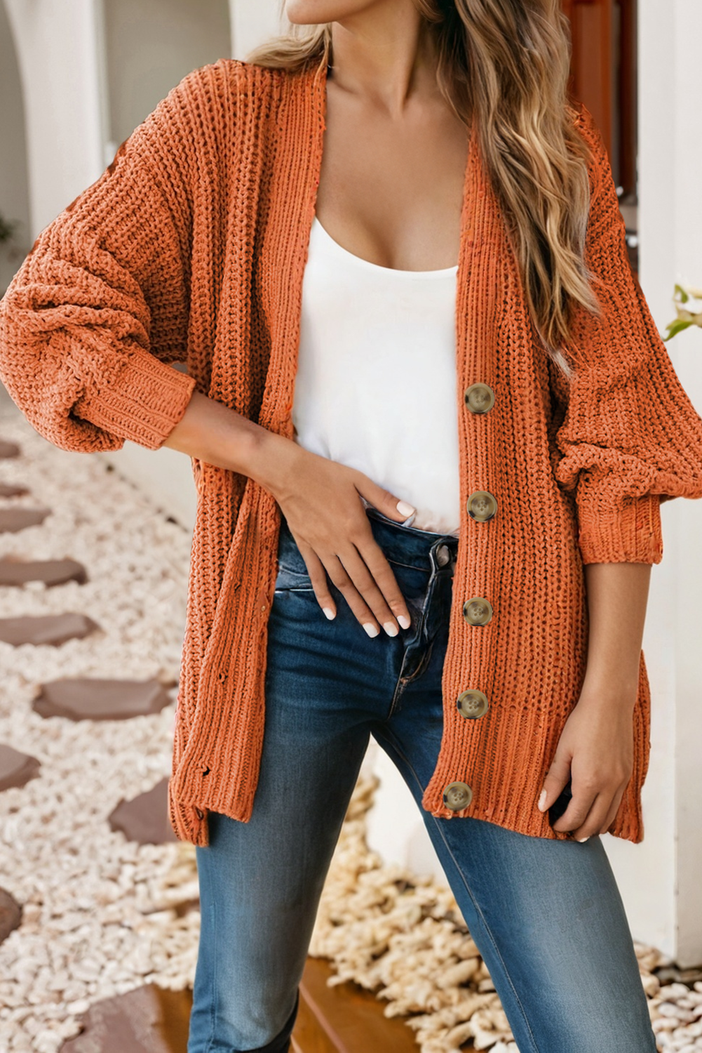 Button Front V Neck Chunky Cardigan