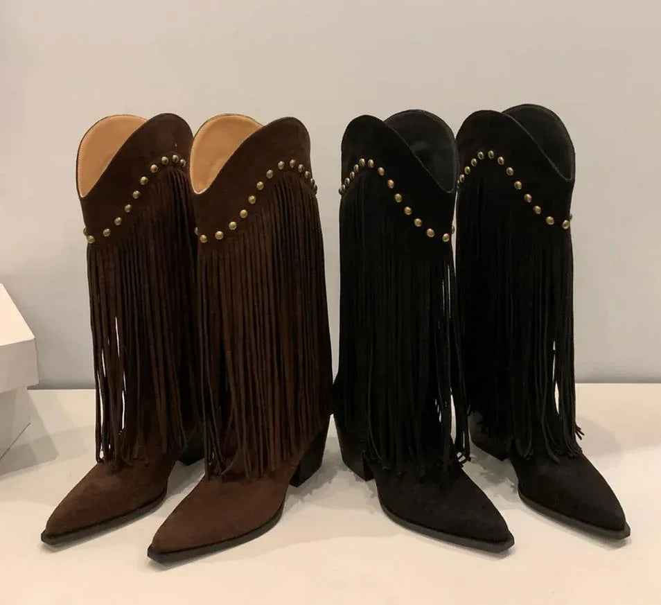 Riveted Fringe Mid-Calf Boots