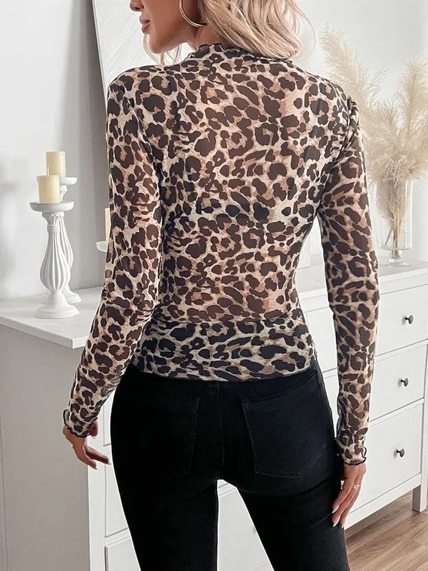 Leopard print long sleeve mesh top