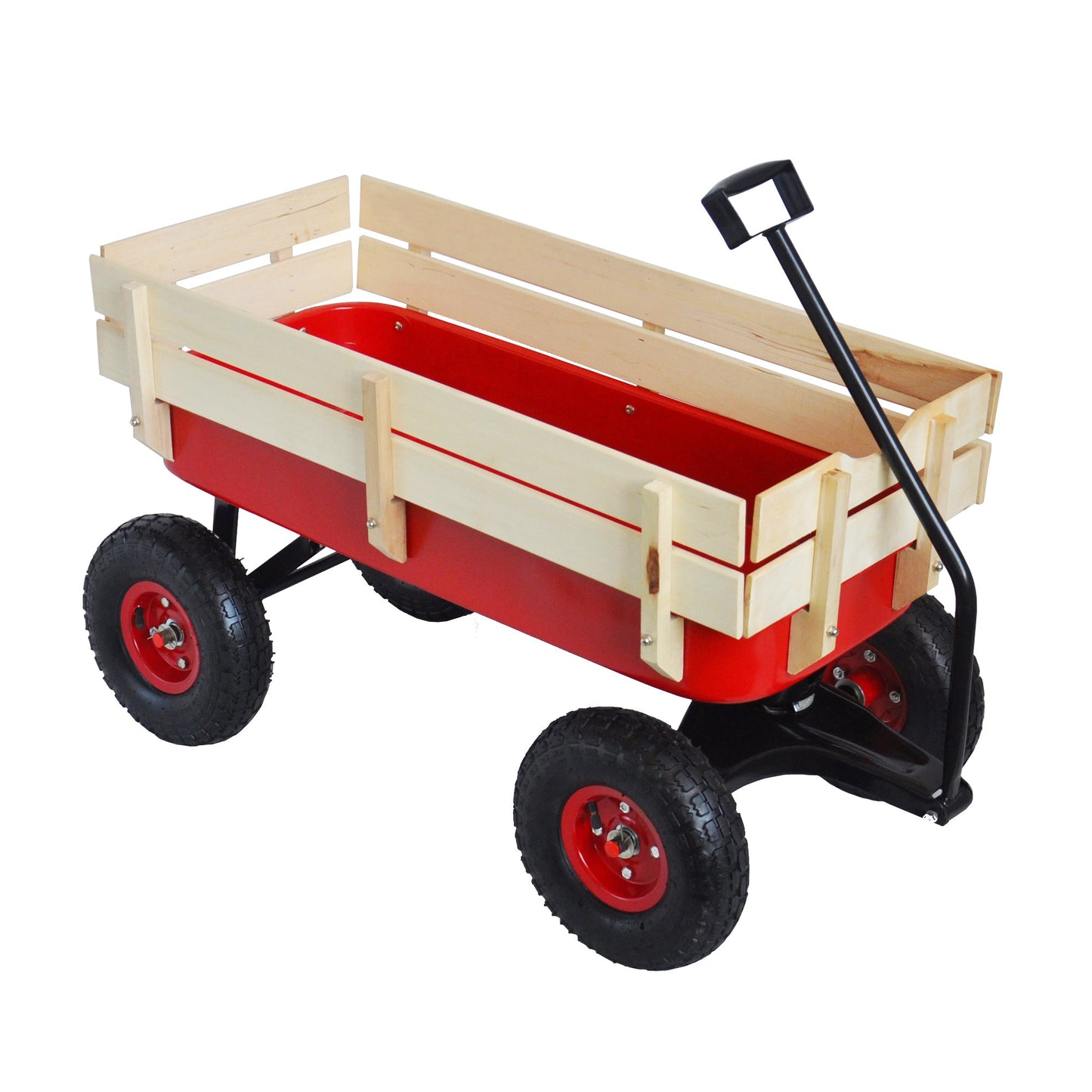 Outdoor Wagon All Terrain Pulling w/Wood Railing Air Tires Children Kid Garden(Red)