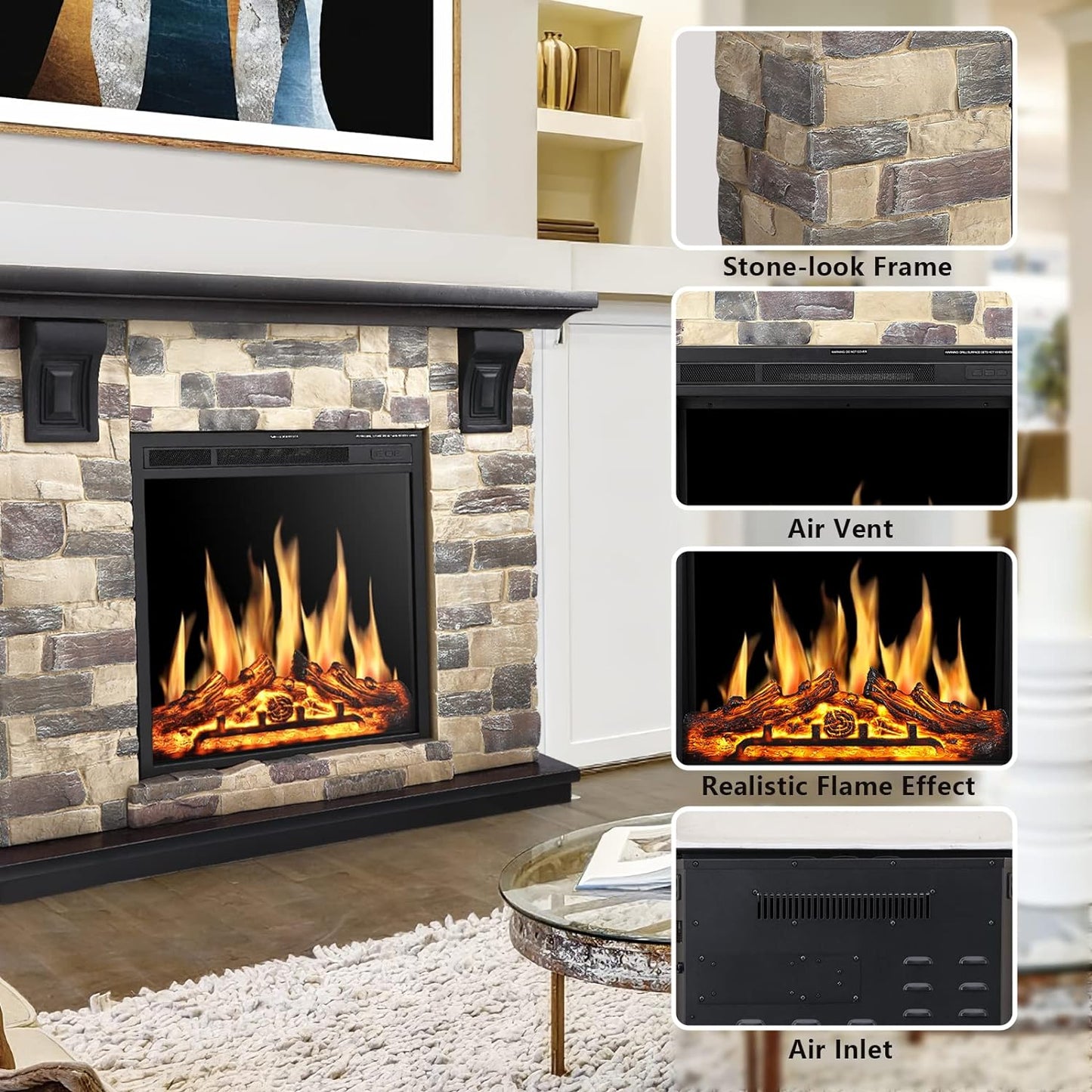 48 Inch Electric Fireplace Stone Mantel Package Y4926