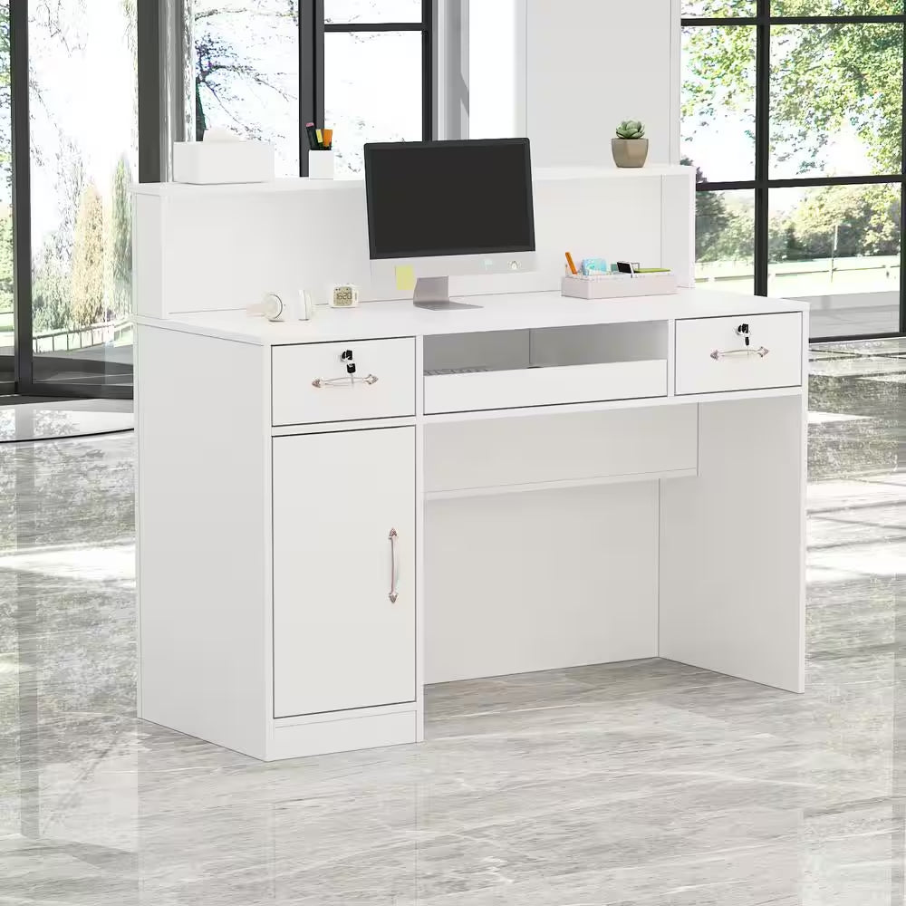 Natural White Corner Computer Desk with Hutch and Storage