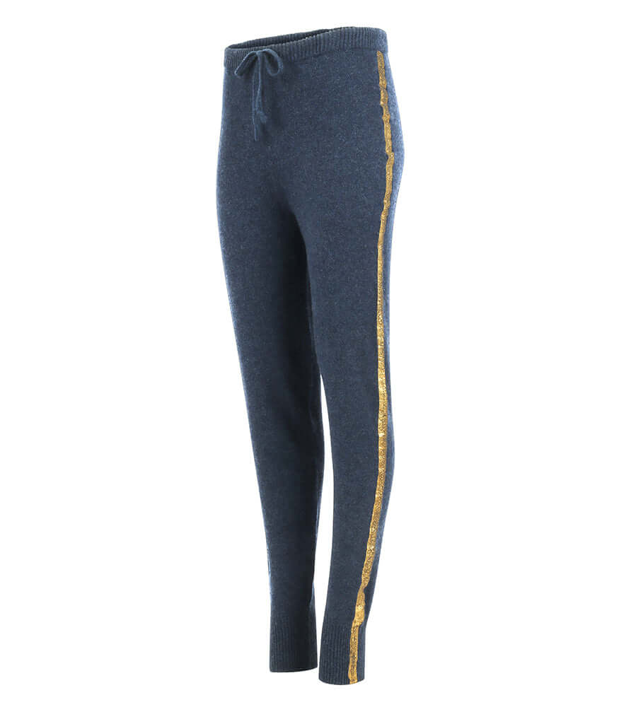 Denim Cashmere Sweatpants W/ Gold Laminated Bands
