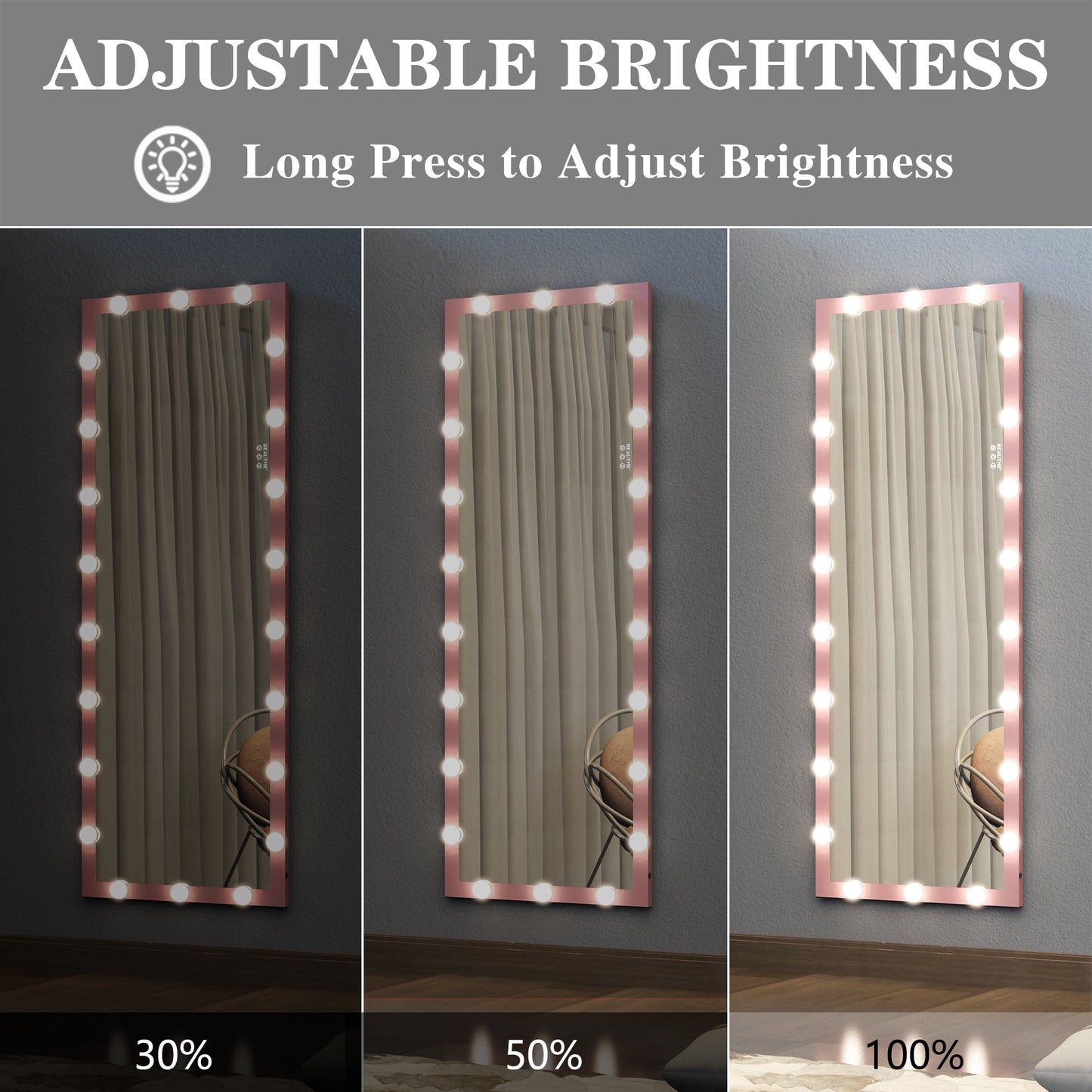 62.6-inch x 23.3-inch pink Hollywood illuminated full body vanity mirror with 3 colors