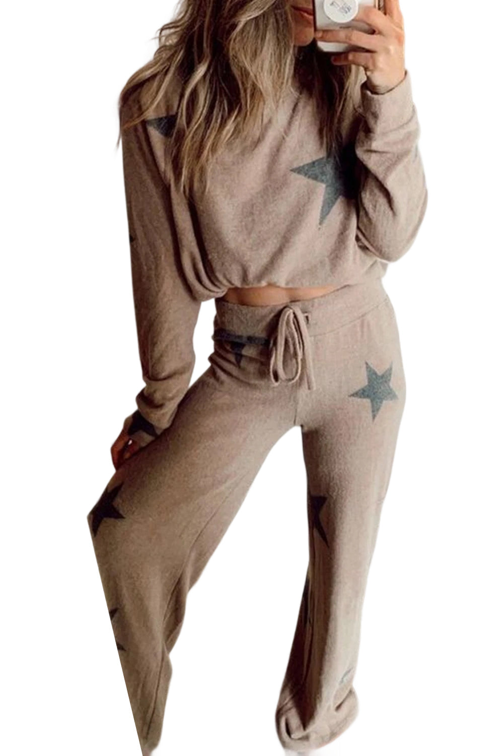 Khaki Retro Star Print Pajama Set Long Sleeve Drawstring