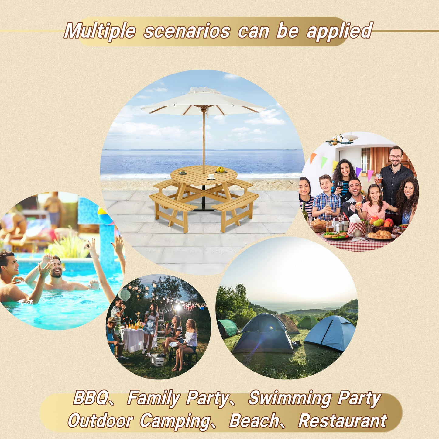 Outdoor picnic table for 8 people, circular picnic table for 8 people