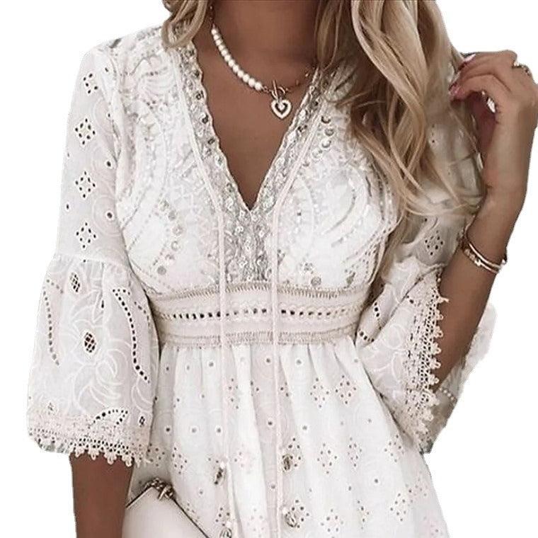 Lace Embroidered Romance Dress - Sweet and Fresh Floral Cotton Dress for Women