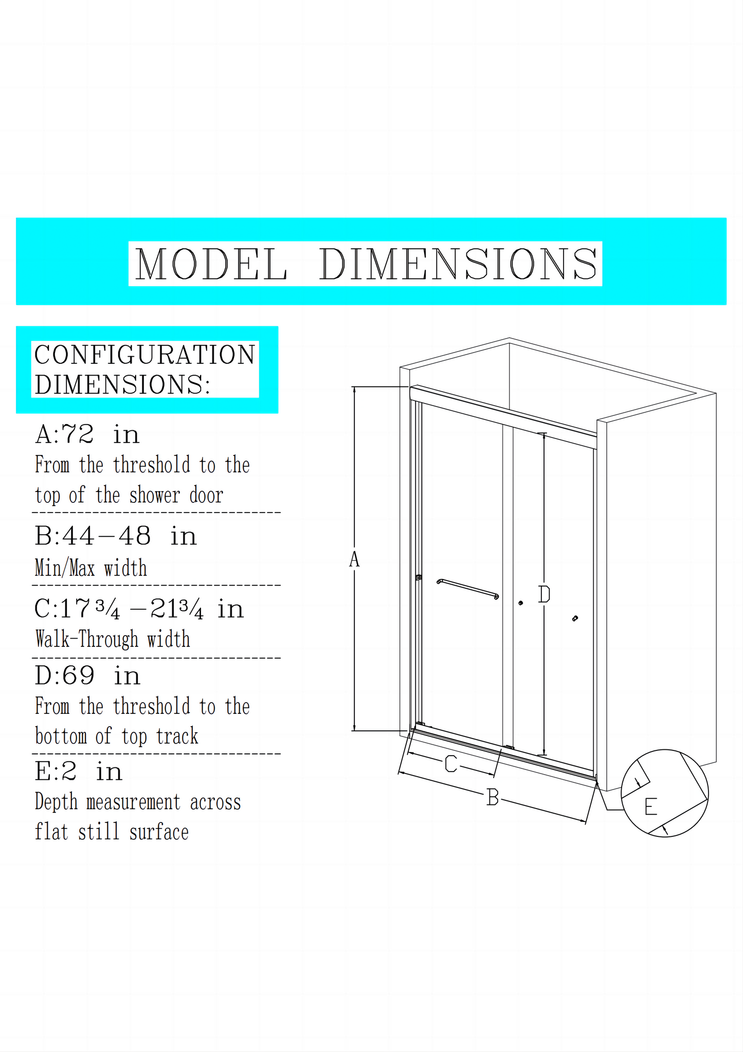 44 "-48" wide * 72 "high semi frameless double sliding shower door