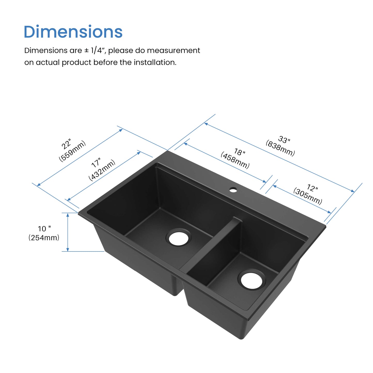 33" Top-Mount Workstation Double Bowl Quartz Kitchen Sink