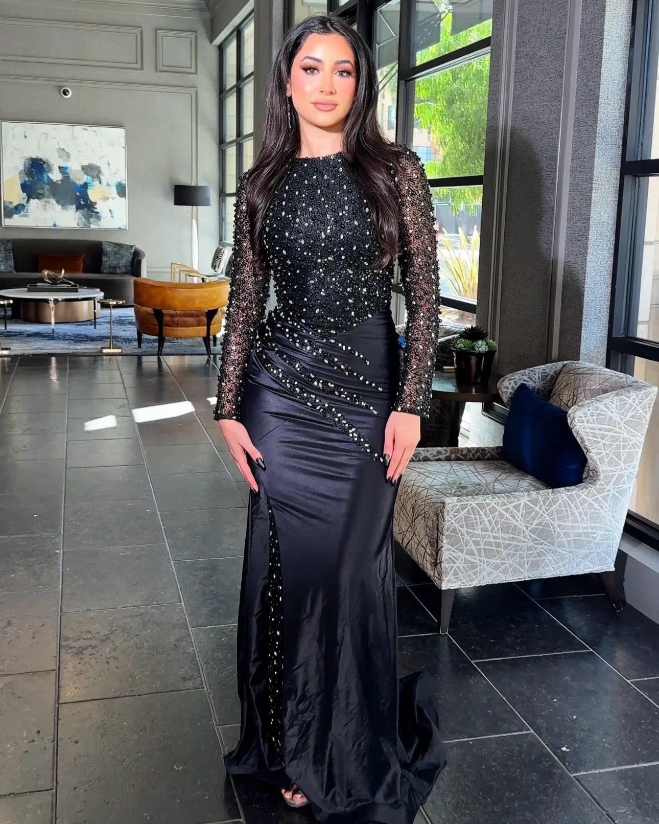 IsraLongSleeveSequinEmbellishedJerseyModestDress - shoponestop.store