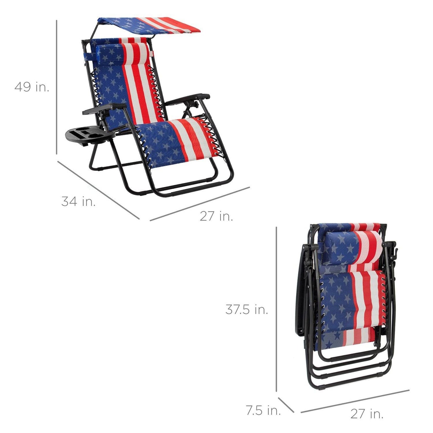 USA American Flag Zero Gravity Reclining Patio Lounge Chair with Canopy