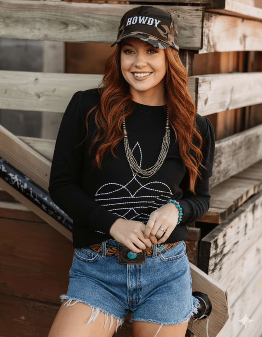 Stylish Black Boot Stitch Graphic Sweatshirt
