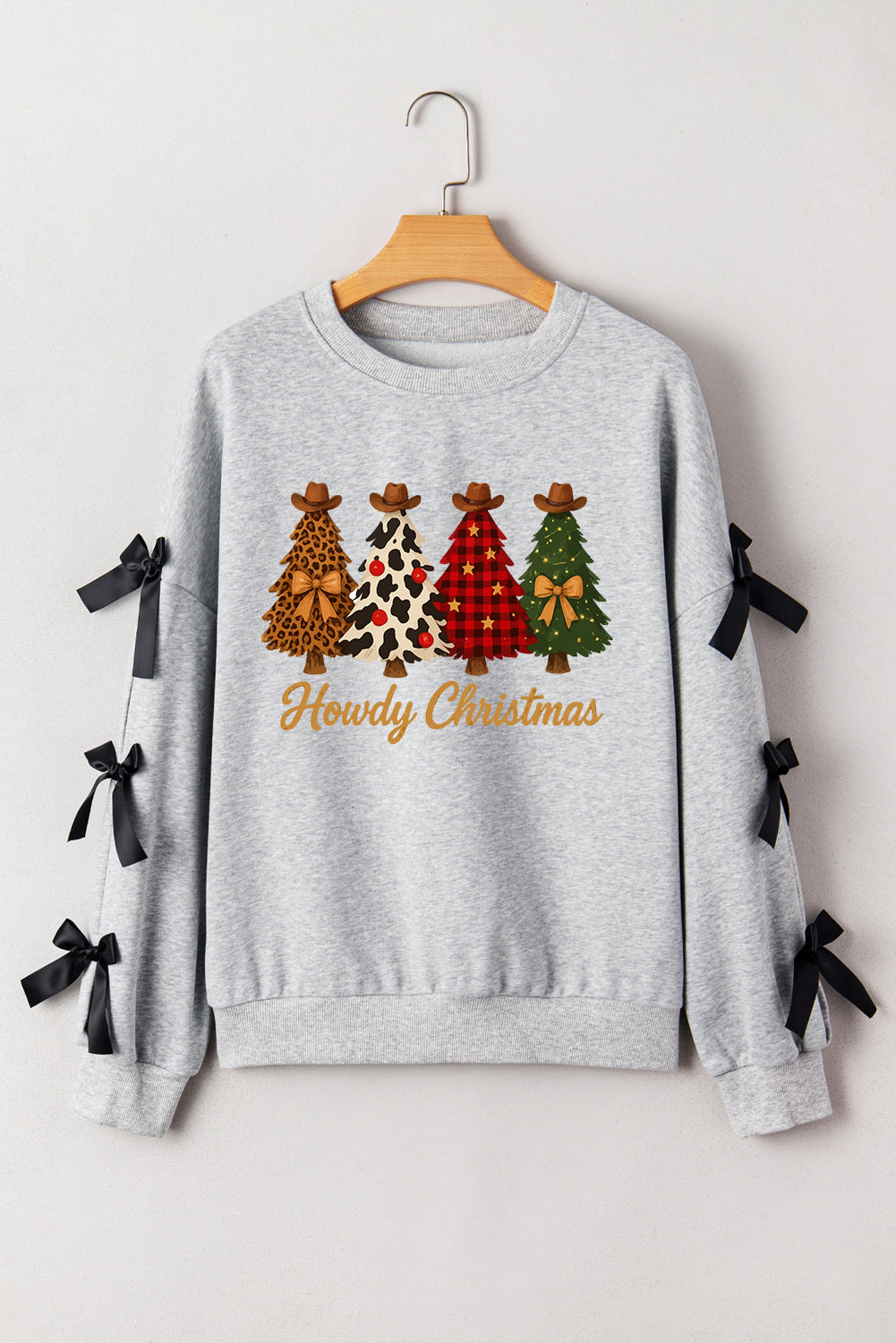 Light Grey Howdy Christmas 4 Trees Heat Transfer Printing Ribbon Bow Decor Sweatshirt