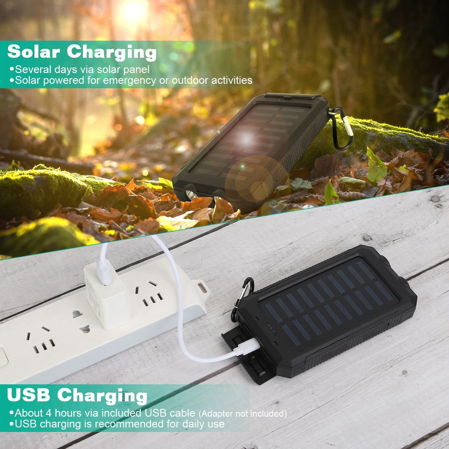 Solar Power Bank with Dual USB Ports and Compass
