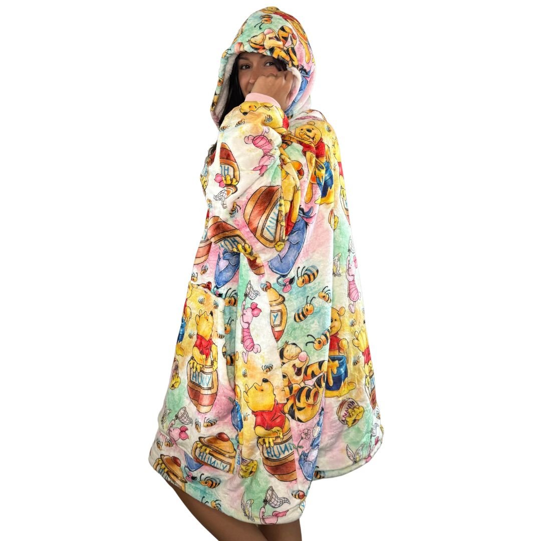 Winnie pooh & Friends Oversized wearable Blanket Hoodie – Pastel Sherpa snuggle unisex Hoodie for Adults & Kids