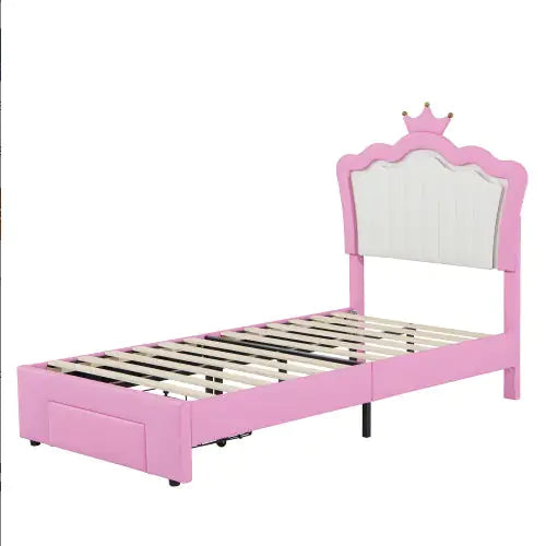 Twin Size Bed Frame with LED Lights, Modern Upholstered Princess Bed