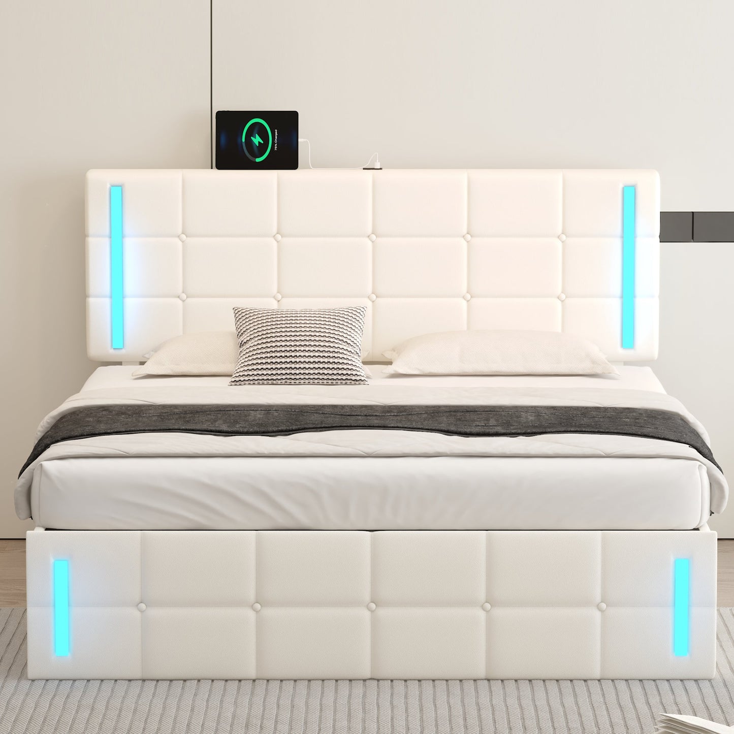 Queen Size Upholstered Bed with LED Lights, Hydraulic Storage System