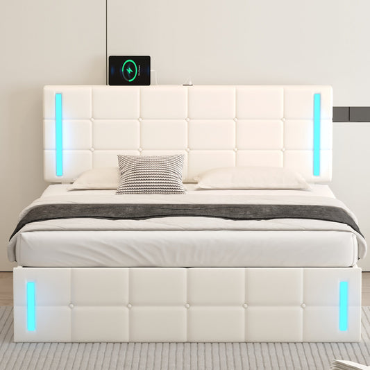 Queen Size Upholstered Bed with LED Lights, Hydraulic Storage System