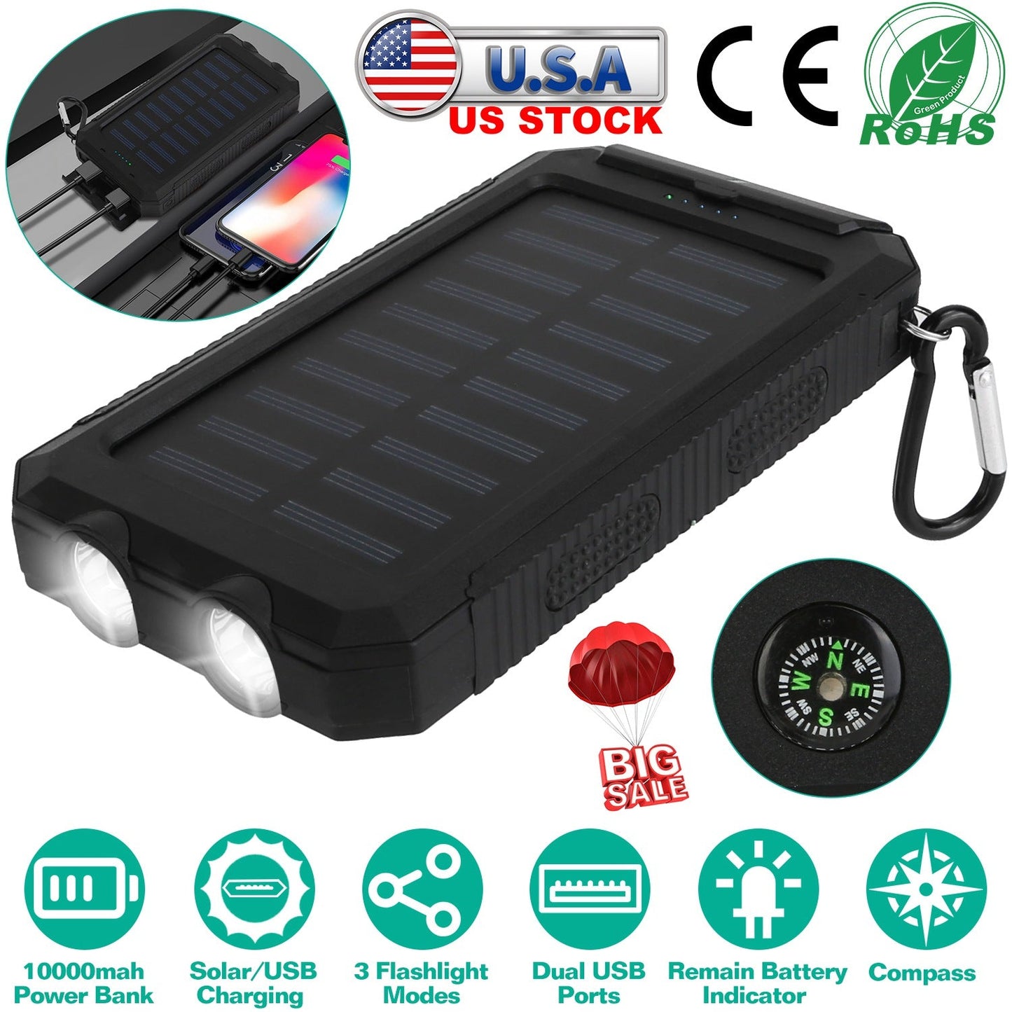 Solar Power Bank with Dual USB Ports and Compass
