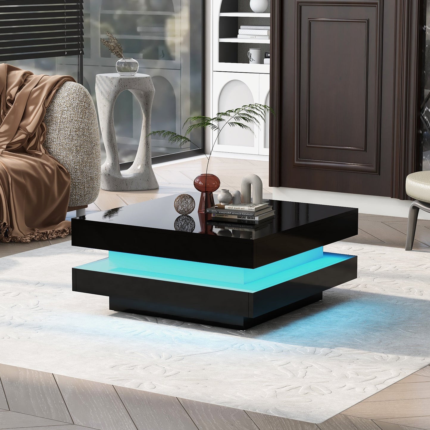 ON-TREND High Gloss Minimalist Design with LED Lights 2-Tier Square Coffee Table Black