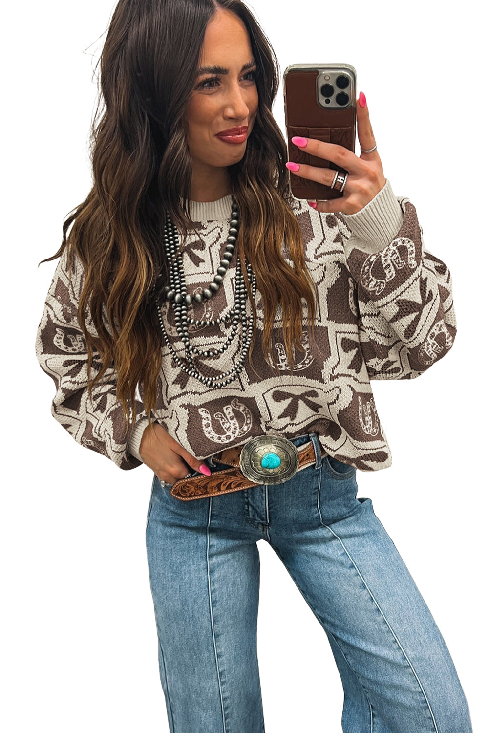 Brown Colorblock Bow Pattern Drop Sleeve Sweater