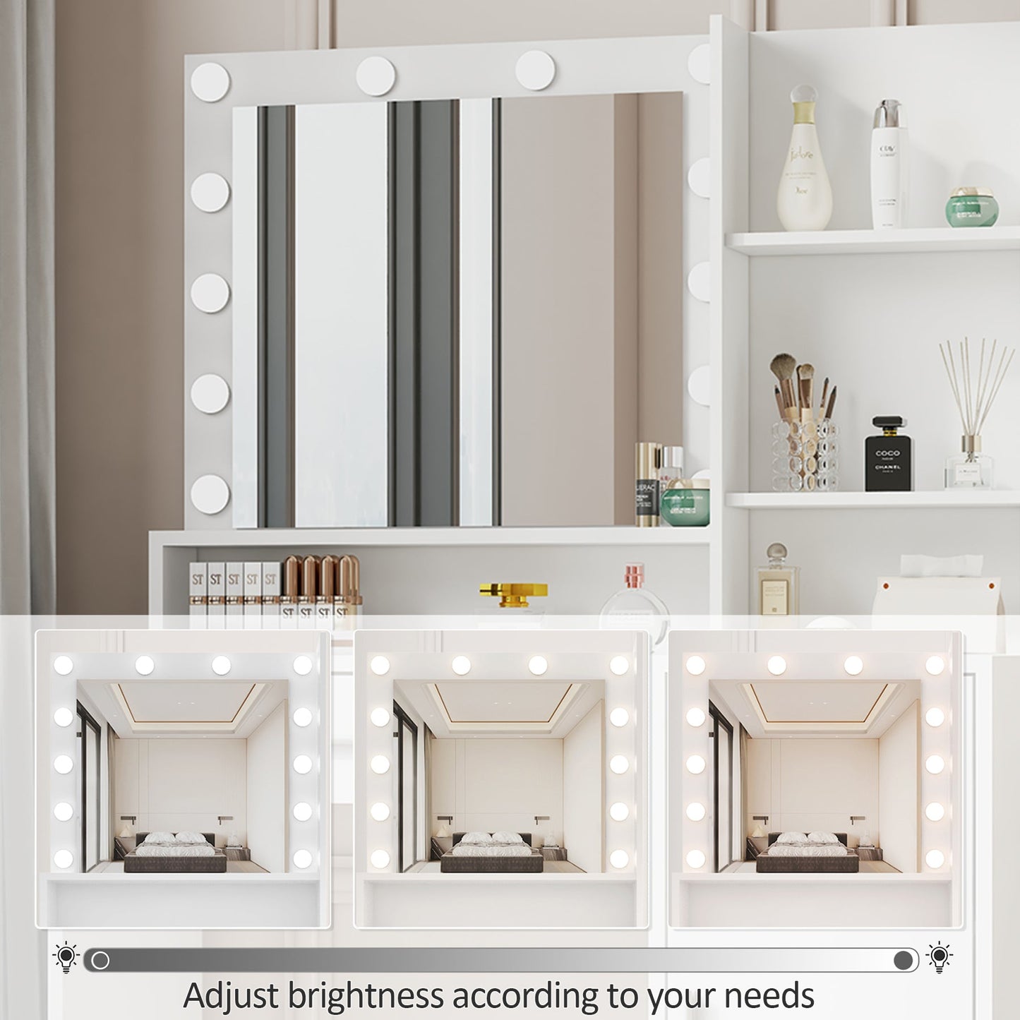 Large drawer with mirror and light, three-layer storage vanity, adjustable brightness