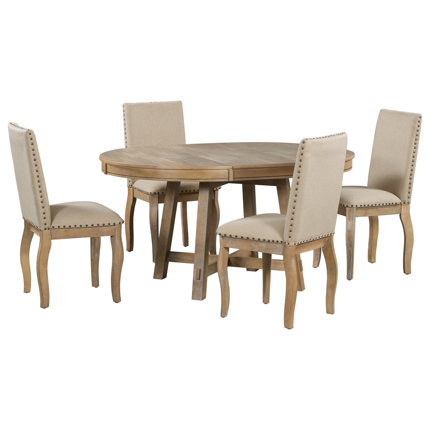 TREXM 5-Piece Farmhouse Dining Table Set Wood Round Extendable Dining Table