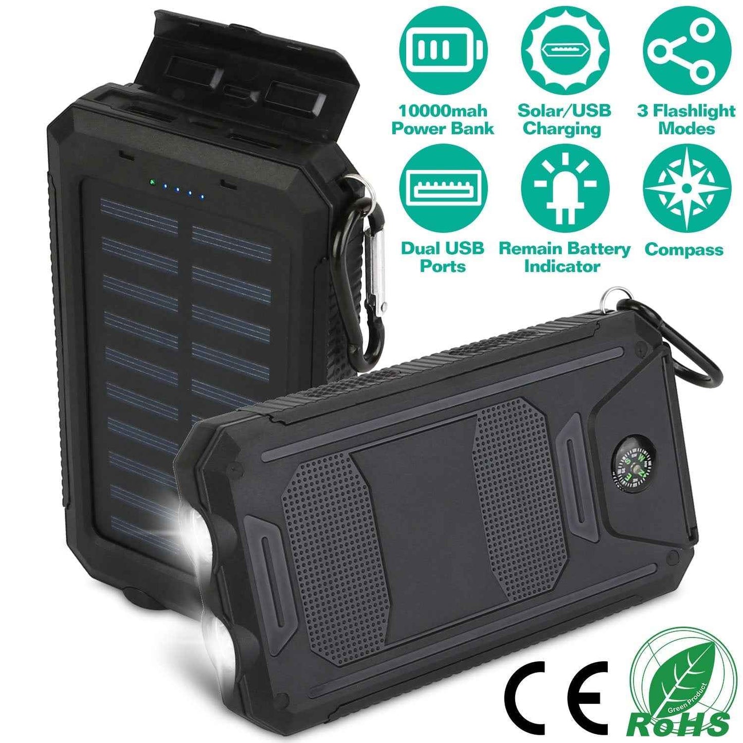 Solar Power Bank with Dual USB Ports and Compass