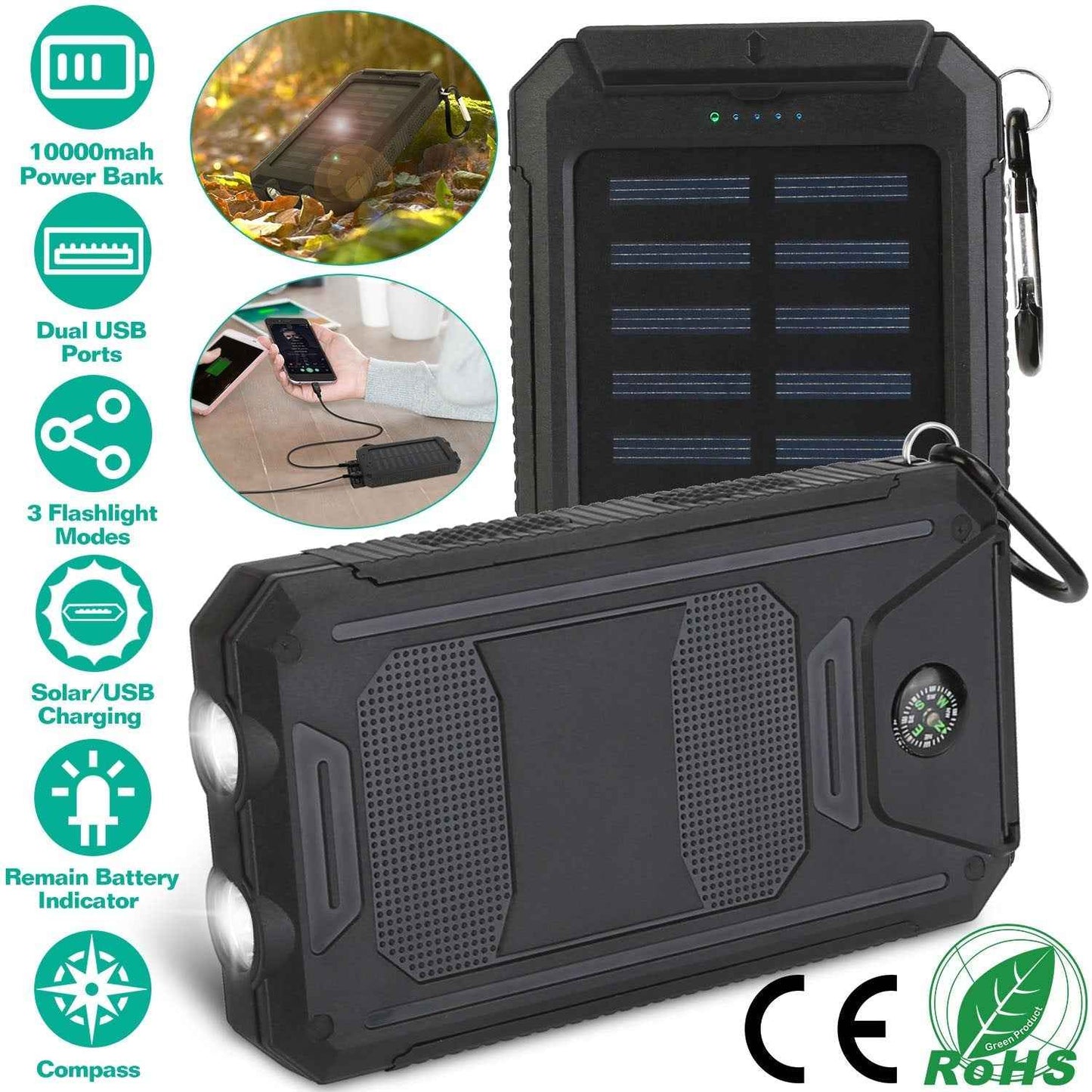 Solar Power Bank with Dual USB Ports and Compass