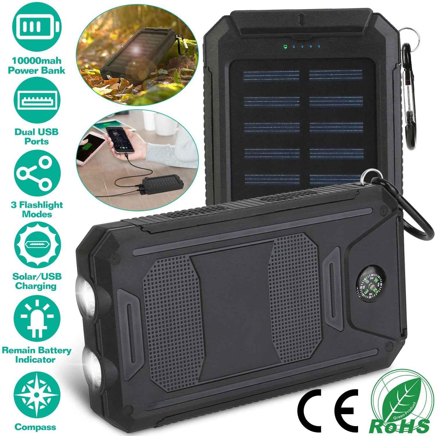 Solar Power Bank with Dual USB Ports and Compass