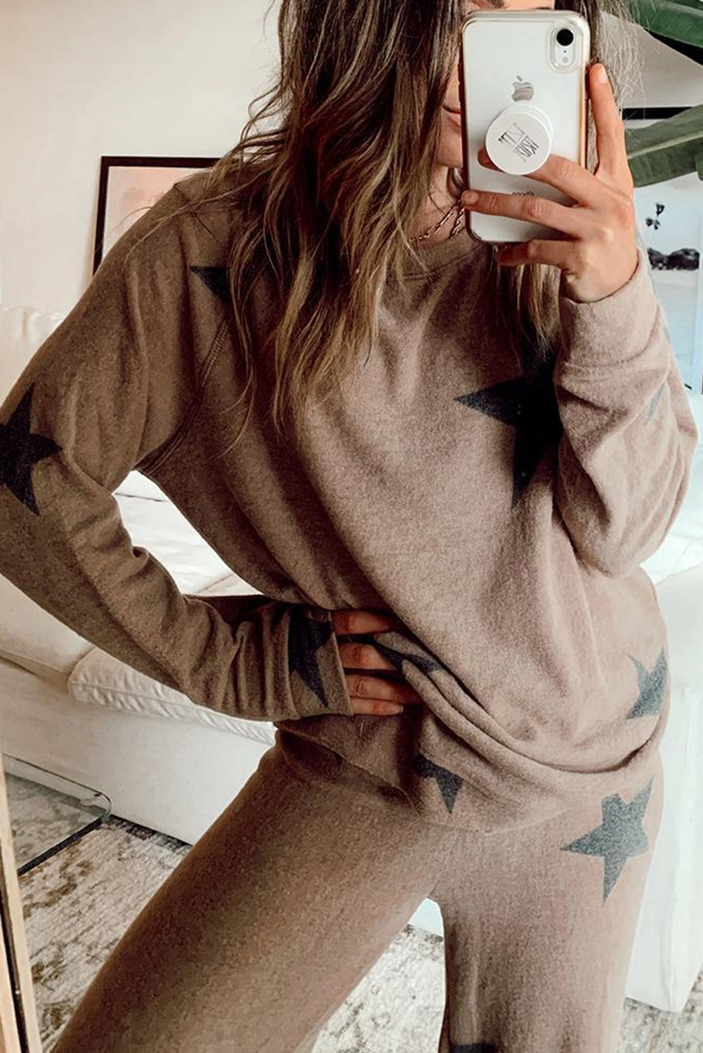 Khaki Retro Star Print Pajama Set Long Sleeve Drawstring