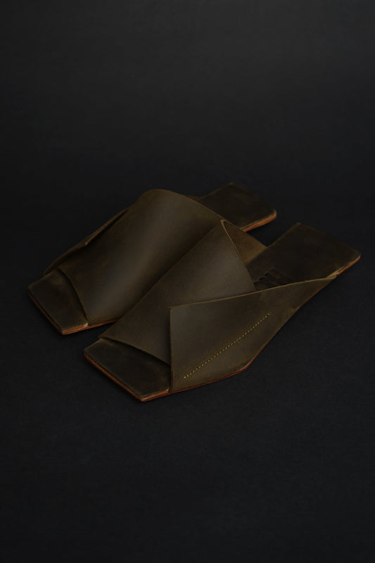 Amos Handcrafted Olive Leather Slides