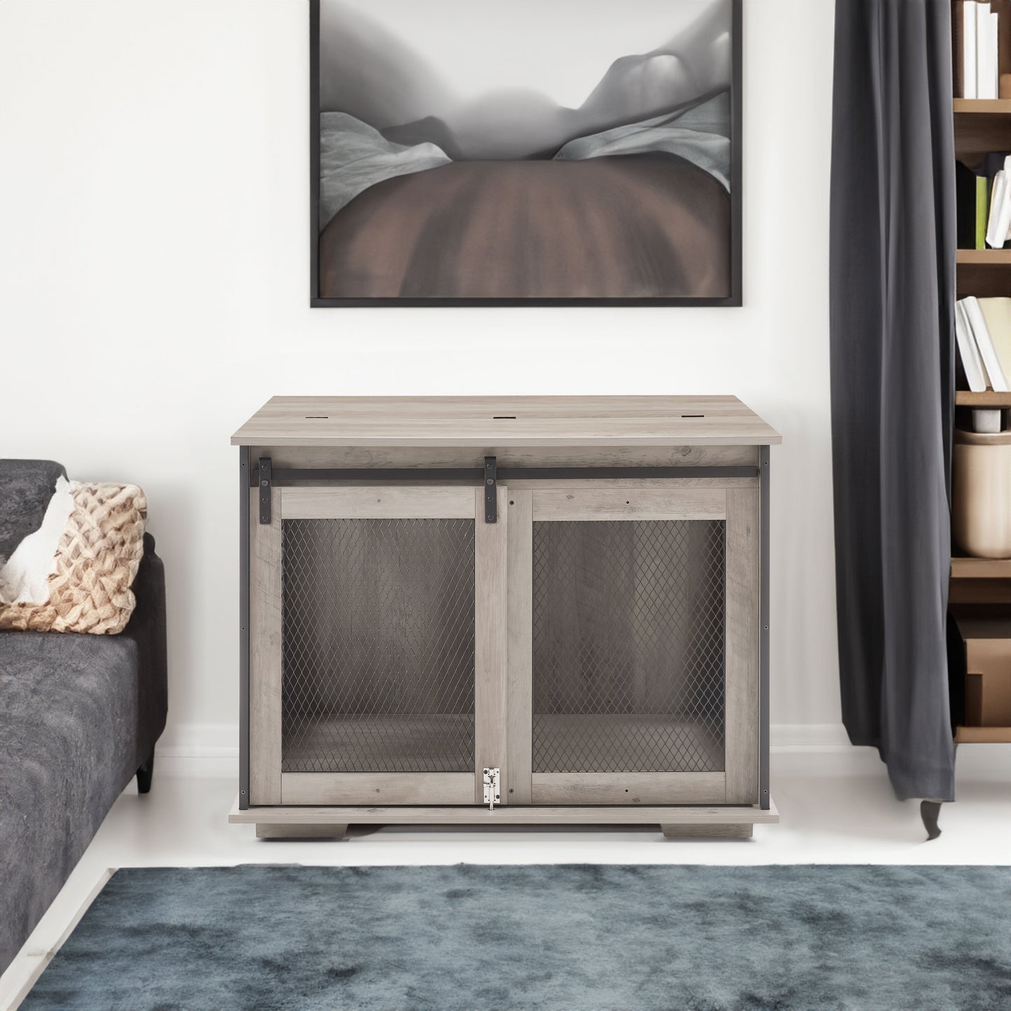 Farmhouse Dog Cage Crate Furniture with Sliding Barn Door