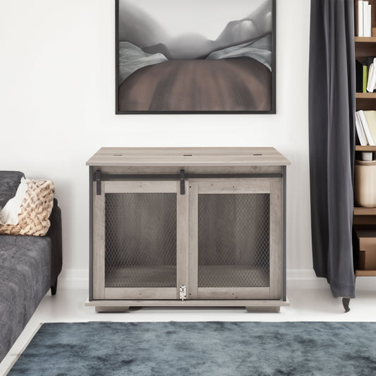 Farmhouse Dog Cage Crate Furniture with Sliding Barn Door