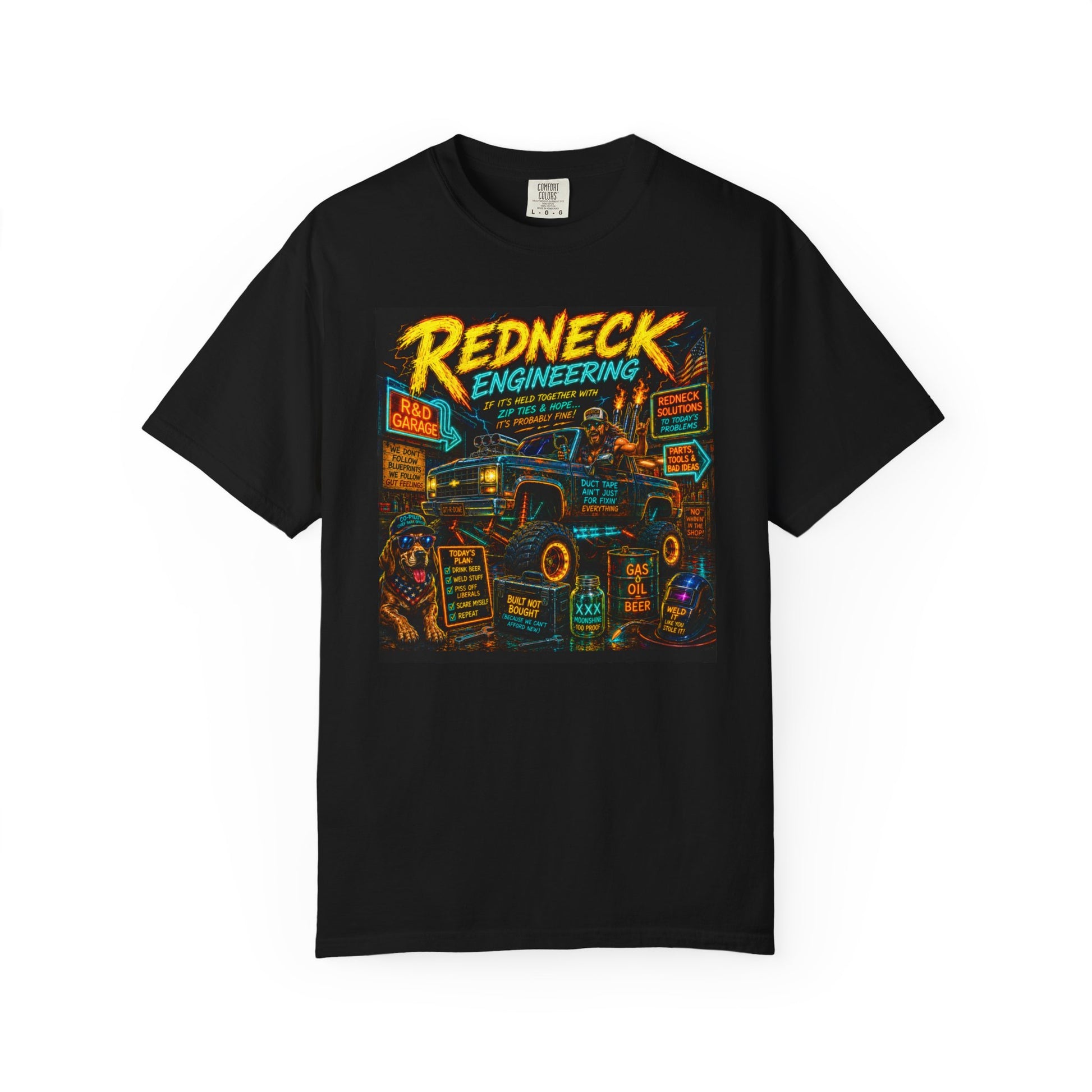 Vintage Garment-Dyed T-Shirt #14 featuring a colorful "Redneck Engineering" graphic on a black background.