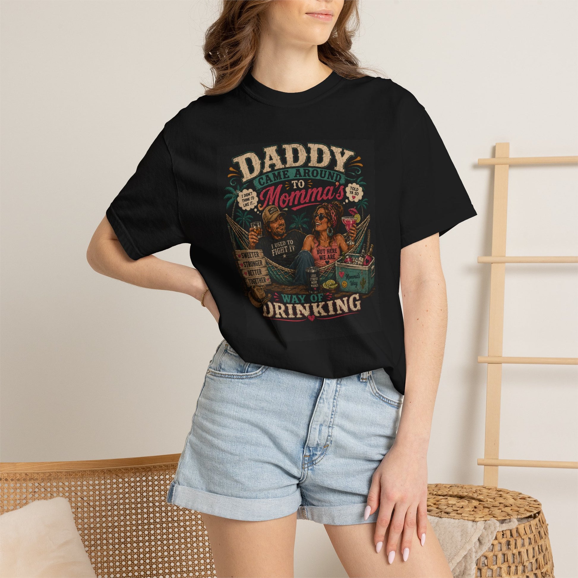 Unisex Momma's Right T-shirt featuring a vintage-style graphic with a playful drinking theme, worn by a model.