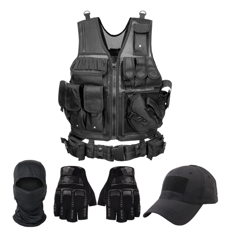 Tactical Vest for Men, Airsoft Vest, Black Molle Vest and Cap Protective Equipment