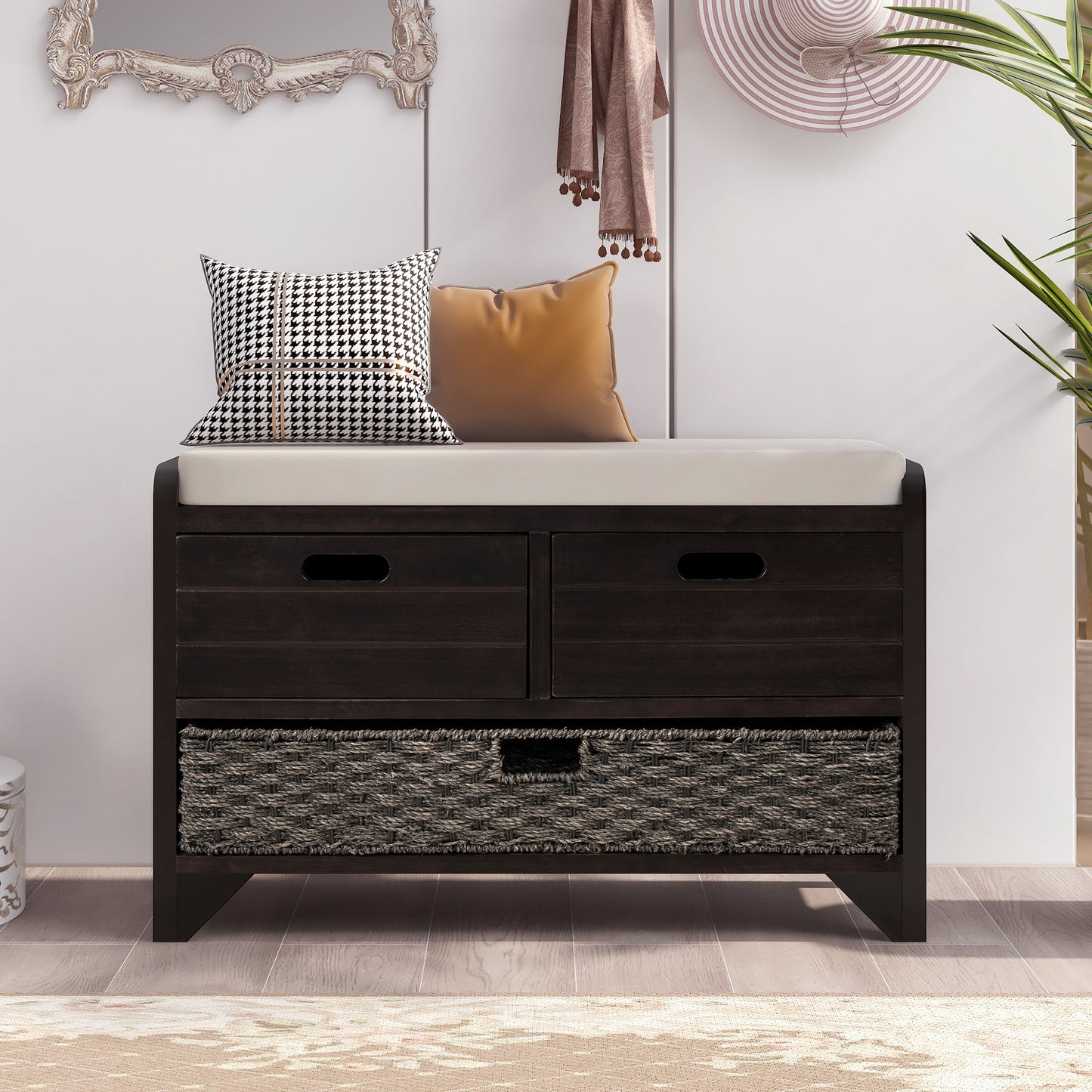 TREXM Storage Bench with Removable Basket and 2 Drawers