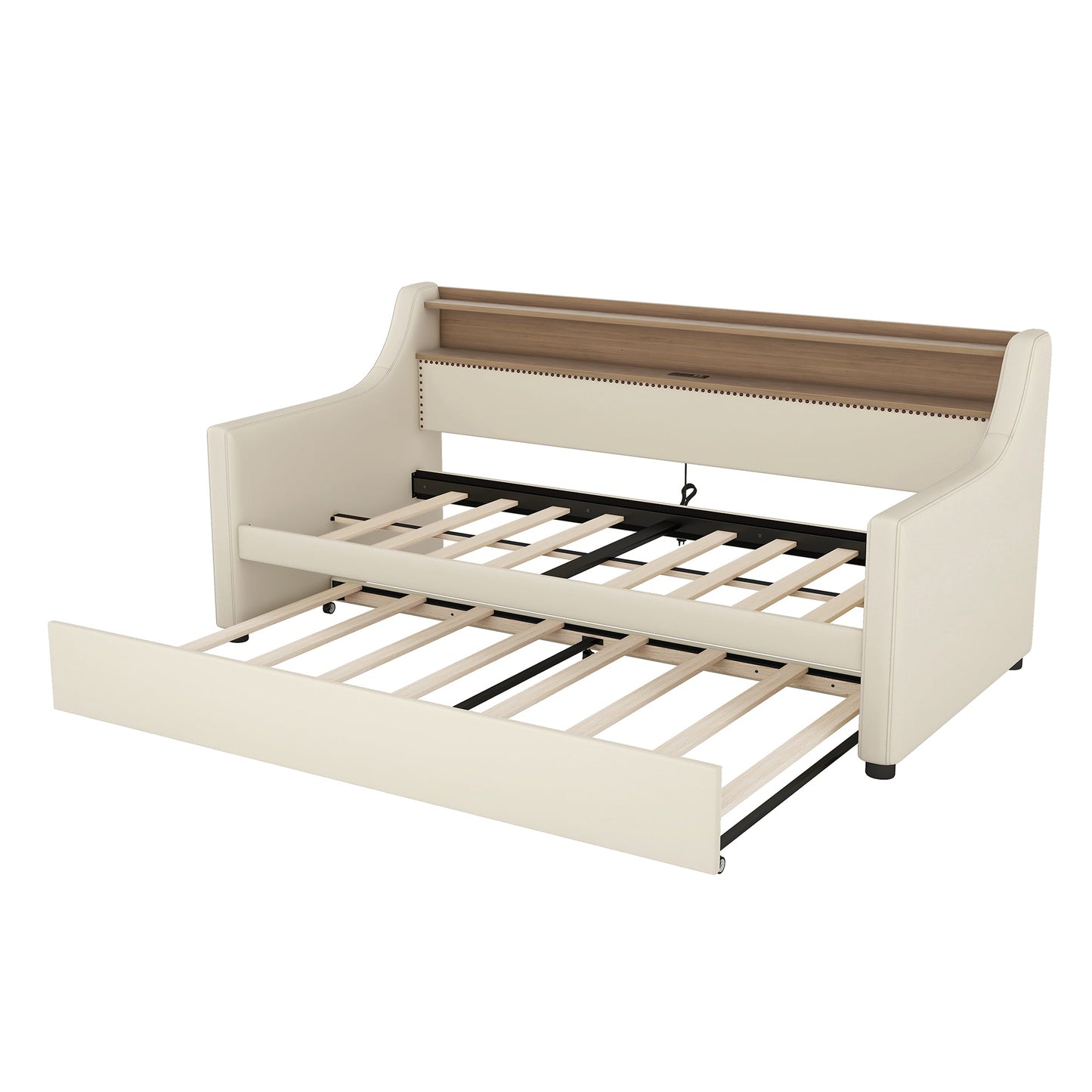 Twin Size Daybed with Trundle, Upholstered Daybed with Charging Station