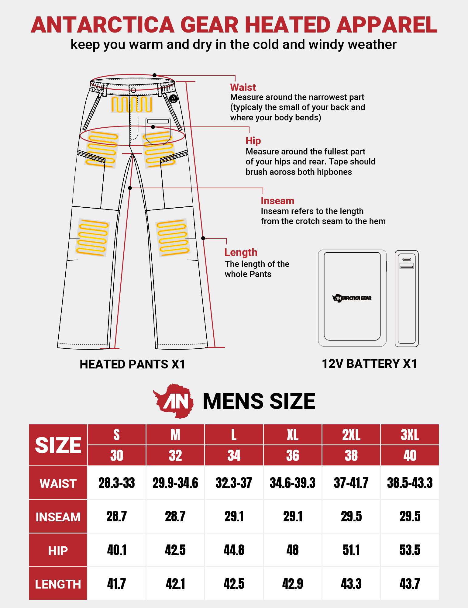 ANTARCTICA GEAR Heated Pants for Men, with 12V Battery