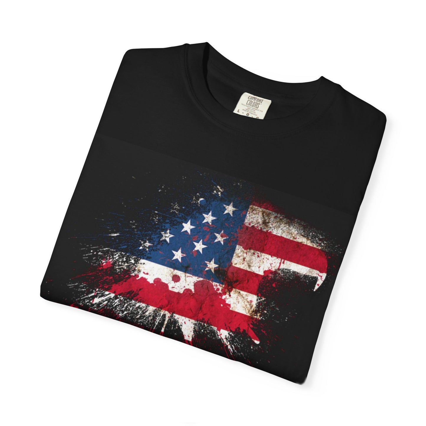 Unisex Garment-Dyed T-shirt featuring a distressed American flag design on a black background.