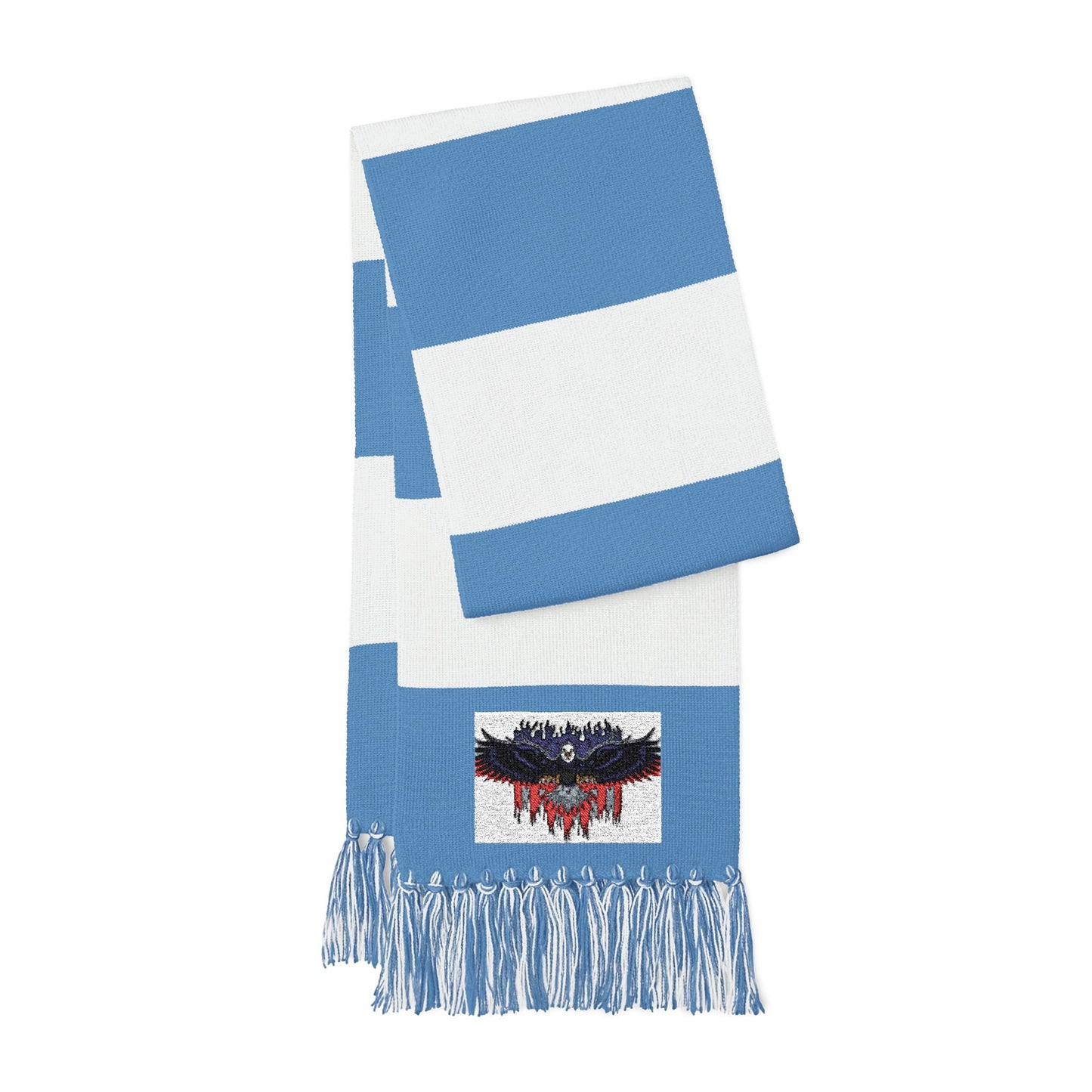 Blue and white striped Spectator Scarf with an embroidered eagle design and fringed ends. Perfect for sporting events.