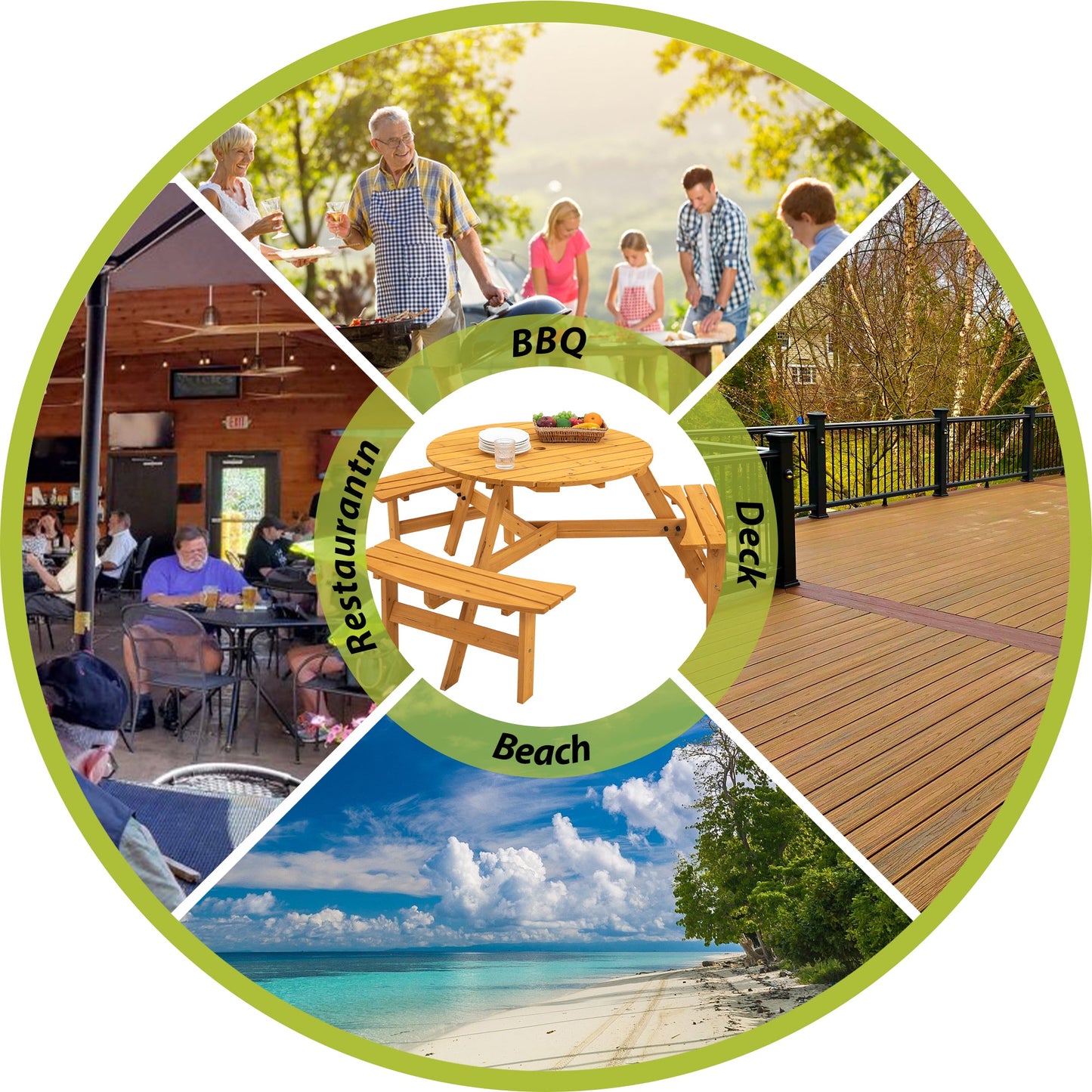 6-Person Circular Outdoor Wooden Picnic Table for Patio