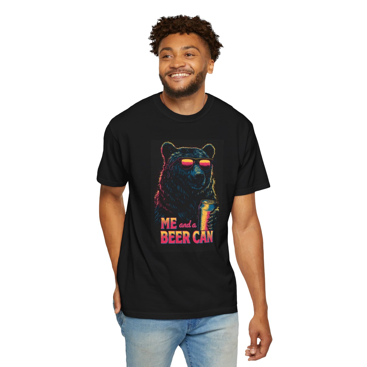Unisex Beer Can T-shirt featuring a bear in sunglasses holding a beer can, set against a black background.