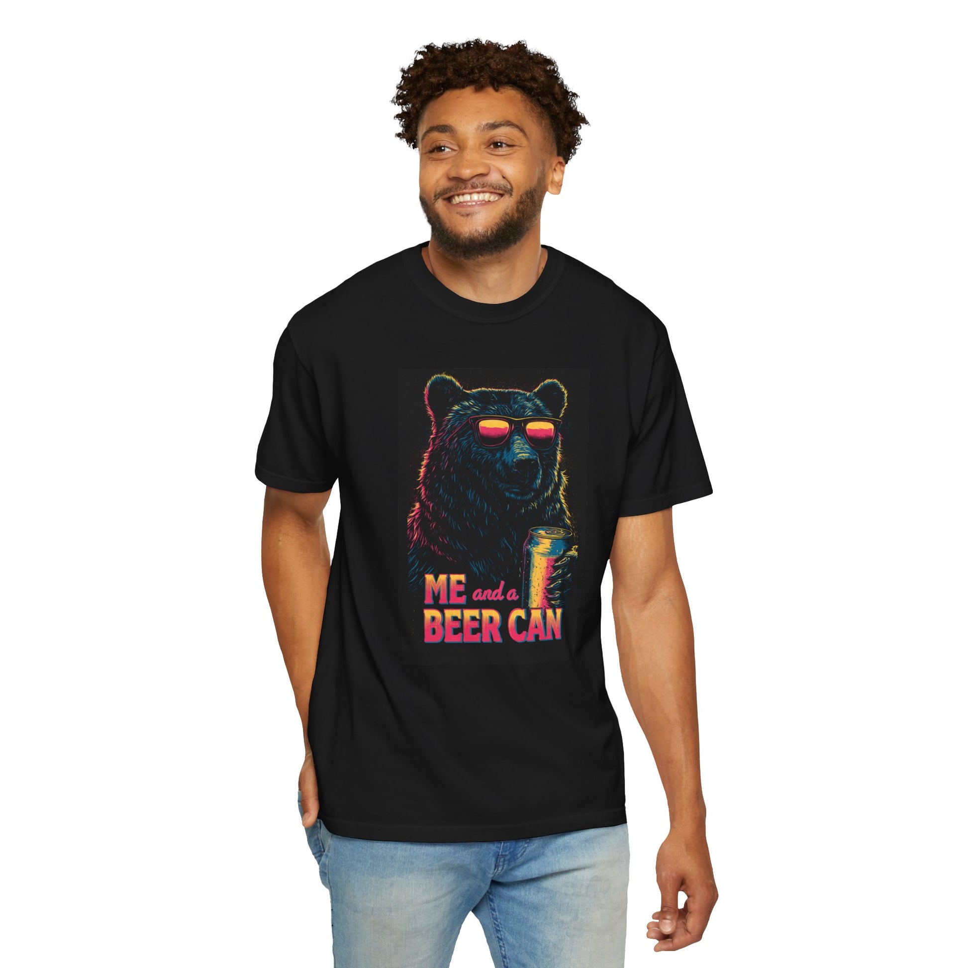 Unisex Beer Can T-shirt featuring a bear in sunglasses holding a beer can, set against a black background.