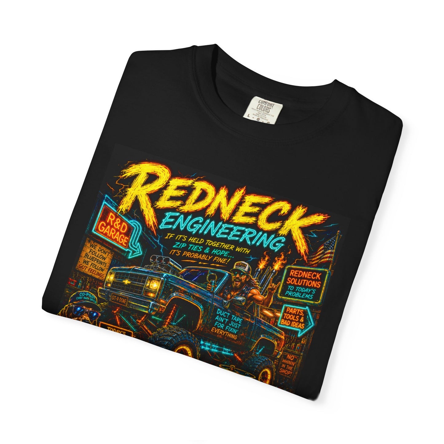 Vintage Garment-Dyed T-Shirt #14 featuring a colorful graphic of a truck and text about "Redneck Engineering" on a black back