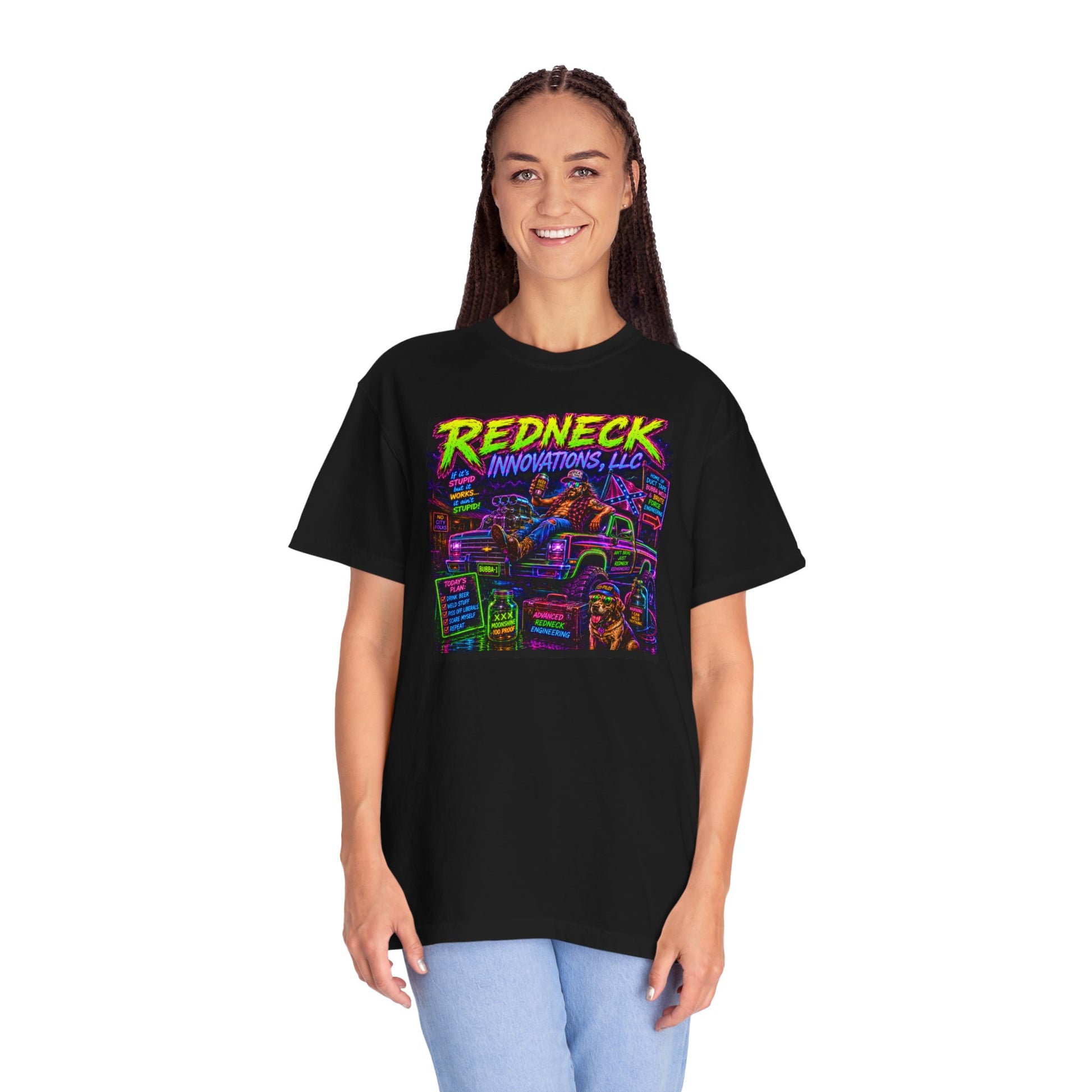 Vintage Garment-Dyed T-Shirt #12 in black featuring a colorful graphic design with "Redneck Innovations, LLC" text.