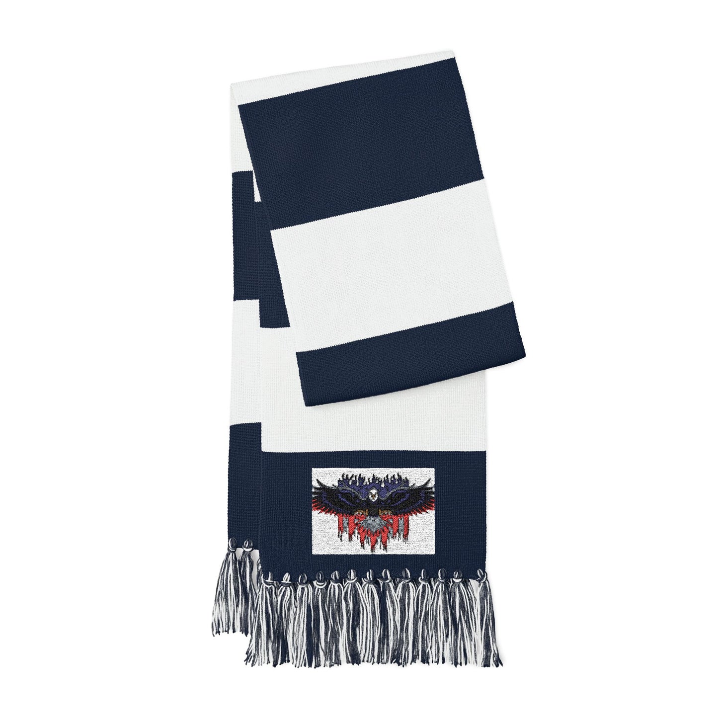 Spectator Scarf featuring navy and white stripes with an embroidered eagle design and fringed ends.