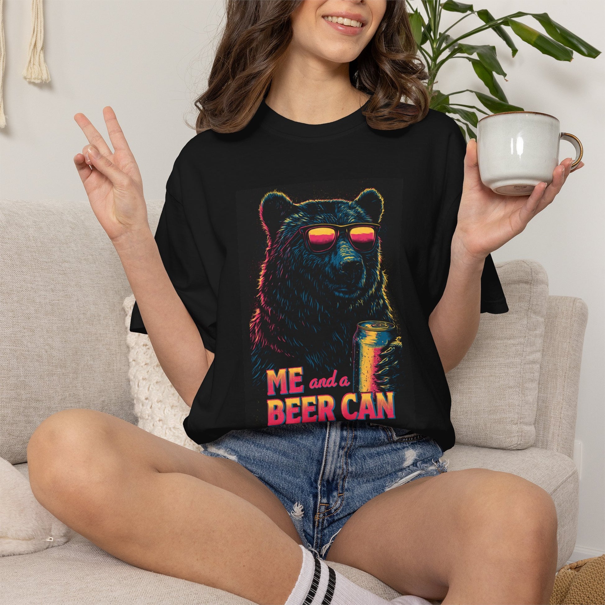 Unisex Beer Can T-shirt featuring a colorful bear graphic with sunglasses, perfect for casual wear.